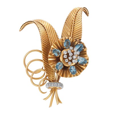 Lot 226 - Gold, Platinum, Aquamarine and Diamond Flower Clip-Brooch