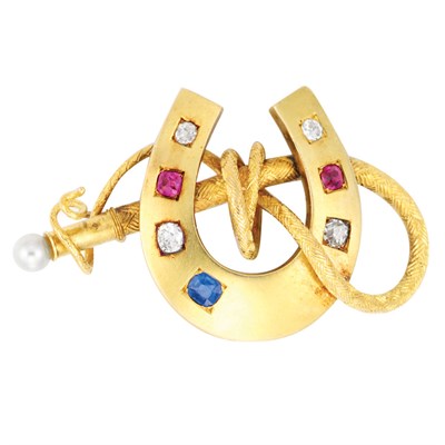 Lot 61 - Antique Gold, Ruby, Sapphire, Diamond and Pearl Horseshoe and Whip Pin