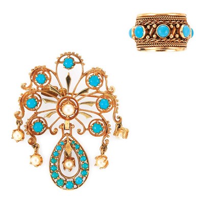 Lot 156 - Gold, Turquoise and Cultured Pearl Band Ring and Pin