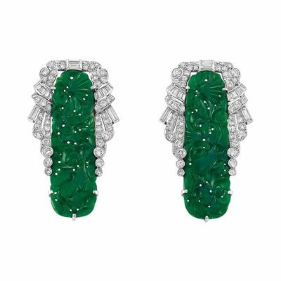 Lot 541 - Pair of Art Deco Platinum, Carved Jade and Diamond Clips, Charlton & Co.