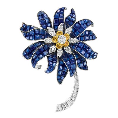 Lot 574 - Platinum, Invisibly-Set Sapphire, Diamond and Yellow Diamond Flower Clip-Brooch, by Charles Vaillant