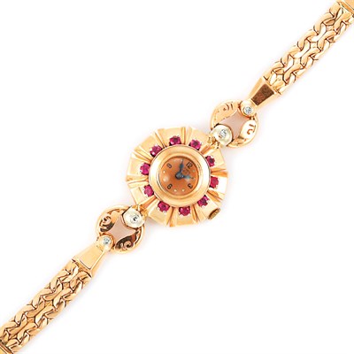 Lot 85 - Lady's Rose Gold, Synthetic Ruby and Diamond Wristwatch