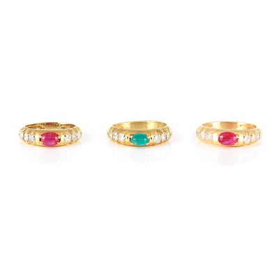 Lot 10 - Three Gold, Cabochon Gem-Set and Diamond Rings