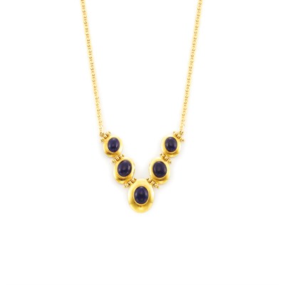 Lot 1173 - Gold and Cabochon Lapis Necklace
