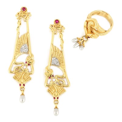 Lot 232 - Pair of Gold, Diamond, Cabochon Ruby and Biwa Pearl Pendant-Earrings and Ring