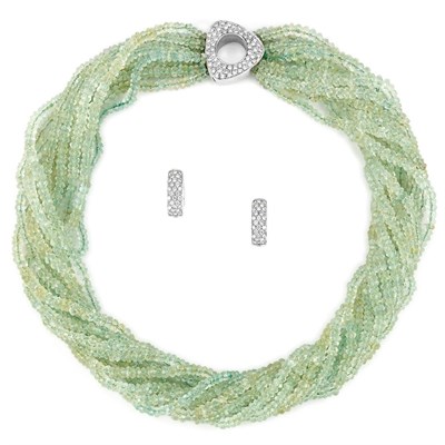 Lot 638 - Twelve Strand Green Beryl Bead, White Gold and Diamond Torsade Necklace and Pair of Diamond Hoop Earrings