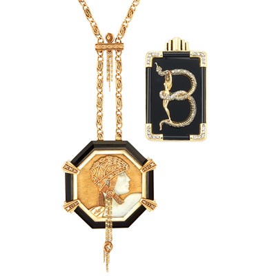 Lot 870 - Gold, Black Onyx, Mother-of-Pearl and Diamond Necklace and Brooch