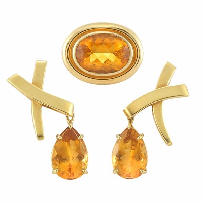 Lot 1 - Pair of Gold and Citrine Pendant-Earrings and Ring, Tiffany & Co., Paloma Picasso