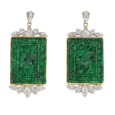 Lot 295 - Pair of Two-Color Gold, Carved Jade and Diamond Pendant-Earrings