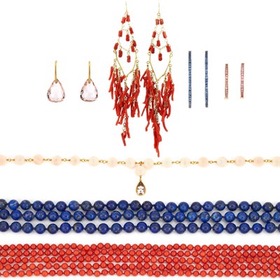 Lot 924 - Three Coral and Lapis Bead Necklaces, Pair of Branch Coral Fringe Earrings and Two Pairs of Gem-Set Earrings
