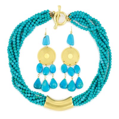 Lot 472 - Seven Strand Turquoise Bead and Gold Torsade Necklace and Pair of Gold and Simulated Turquoise Bead Pendant-Earrings
