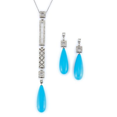 Lot 267 - Pair of White Gold, Turquoise and Diamond Pendant-Earrings and Pendant-Necklace