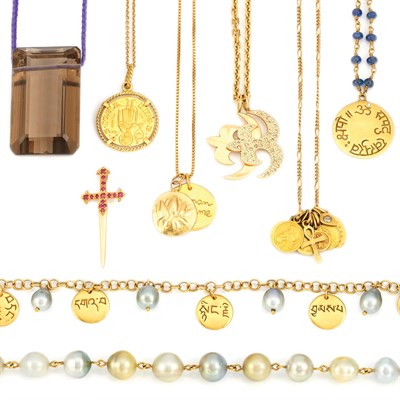 Lot 862 - Group of Gold Jewelry, Cultured Pearl Bracelet and Smoky Quartz Pendant