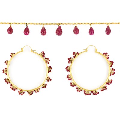 Lot 587 - Pair of Gold and Ruby Bead Fringe Hoop Earrings and Necklace