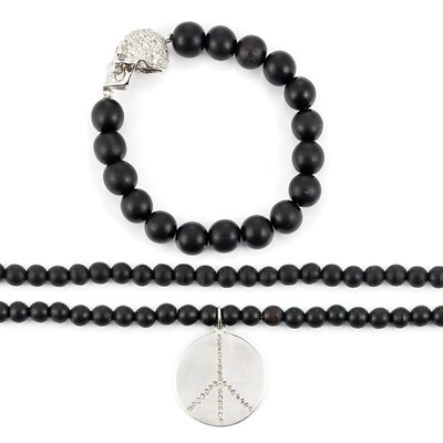 Lot 105 - Rosewood Bead Necklace with Low Karat White Gold and Diamond Pendant and Bracelet with White Gold and Diamond Skeleton Head