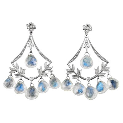 Lot 806 - Pair of White Gold, Moonstone Briolette and Diamond Pendant-Earrings