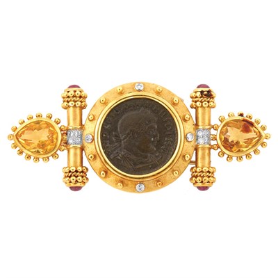 Lot 156 - Gold, Bronze Coin, Citrine, Diamond and Cabochon Ruby Brooch