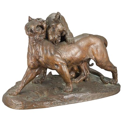 Lot 329 - Bronze Figural Group of a Lion and a Lioness...