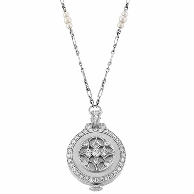Lot 56 - Edwardian Platinum and Diamond Pendant-Watch with Platinum and Pearl Chain
