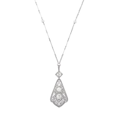 Lot 62 - Edwardian Platinum and Diamond Pendant with Platinum and Pearl Chain