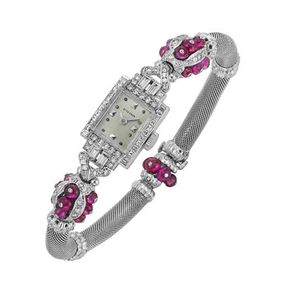 Lot 491 - Art Deco Platinum, Ruby Bead and Diamond Mesh Bracelet-Watch, Otto Grun