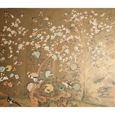 Lot 224 - Framed Chinese Painted Wood Four-Panel Screen...