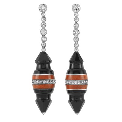 Lot 534 - Pair of Platinum, Diamond, Black Onyx and Jasper Pendant-Earrings
