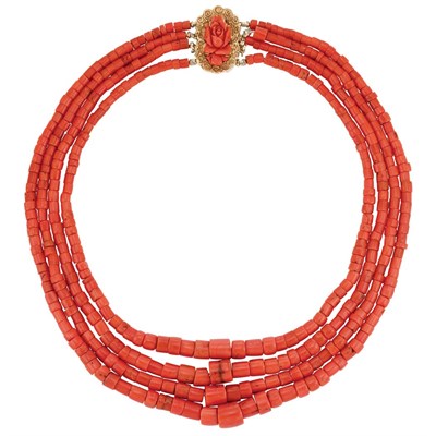 Lot 26 - Four Strand Coral Bead Necklace with Gold and Carved Coral Flower Clasp