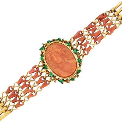 Lot 299 - Antique Four Strand Gold, Coral Cameo, Carved Coral Bead and Green Enamel Bracelet