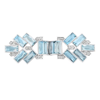 Lot 546 - Art Deco Platinum, Aquamarine and Diamond Double Clip-Brooch, Cartier
