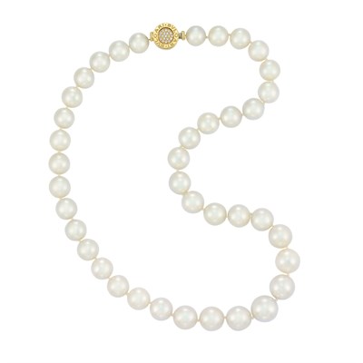 Lot 414 - Cultured Pearl Necklace with Gold, Black Onyx and Diamond Clasp, Bulgari