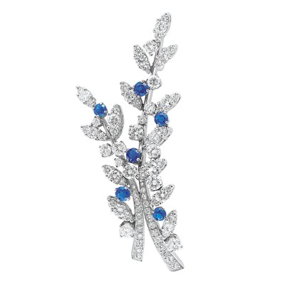 Lot 376 - Platinum, Diamond and Sapphire Leaf Brooch, Tiffany & Co.