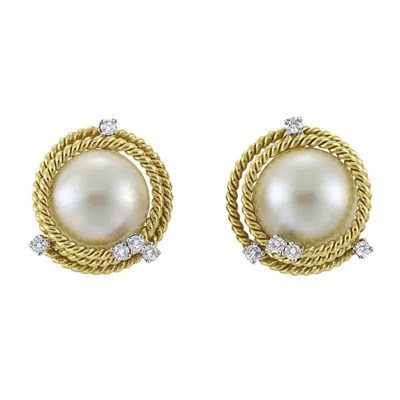 Lot 269 - Pair of Gold, Mabe Pearl and Diamond Earclips, Tiffany & Co., Schlumberger