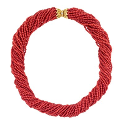 Lot 460 - Multistrand Oxblood Coral Bead Torsade Necklace with Gold and Diamond Clasp, Tiffany & Co., Schlumberger