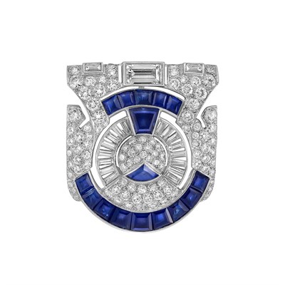 Lot 487 - Art Deco Platinum, Diamond and Sapphire Clip-Brooch, Ross-Pennell