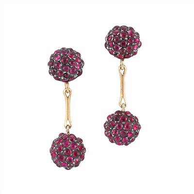 Lot 133 - Pair of Gold, Silver and Cabochon Ruby Pendant-Earrings, Mario Buccellati