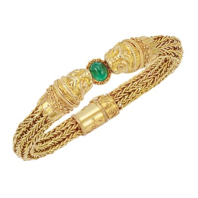Lot 324 - Braided Gold Mesh and Cabochon Emerald Animal Head Bracelet, Van Cleef & Arpels