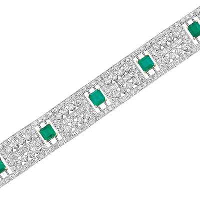 Lot 207 - White Gold, Emerald and Diamond Bracelet