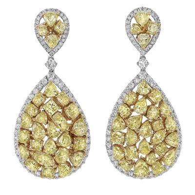 Lot 467 - Pair of Two-Color Gold, Yellow Diamond and Diamond Pendant-Earrings