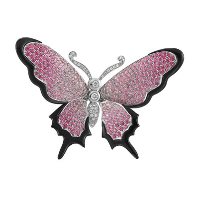 Lot 51 - White Gold, Pink Sapphire, Diamond and Black Onyx "en Tremblant" Butterfly Clip-Brooch
