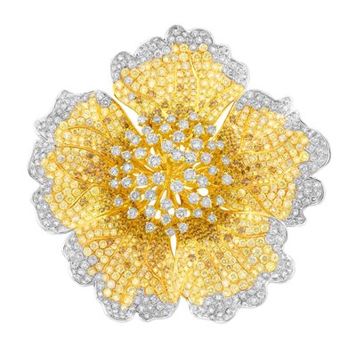 Lot 465 - Two-Color Gold, Yellow Diamond and Diamond Flower Clip-Brooch