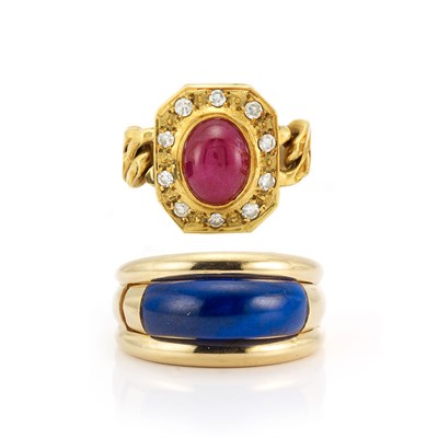 Lot 6 - Gold and Lapis Insert Ring, Van Cleef & Arpels, and Gold, Cabochon Ruby and Diamond Chain Ring