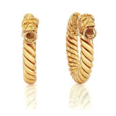 Lot 434 - Pair of Gold Lion Head Hoop Earclips