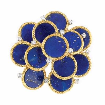 Lot 37 - Gold, Lapis and Diamond Clip-Brooch