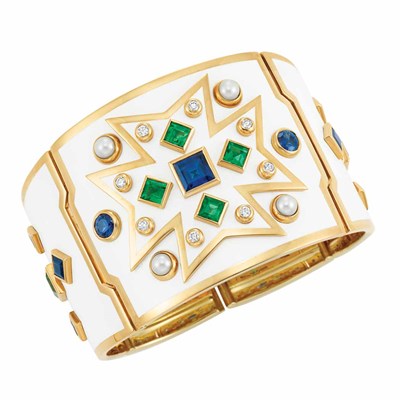 Lot 573 - Gold, White Enamel, Emerald, Sapphire, Diamond and Cultured Pearl "Chevalier" Cuff Bangle Bracelet, Verdura