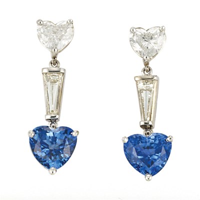 Lot 335 - Pair of White Gold, Sapphire and Diamond Pendant-Earrings