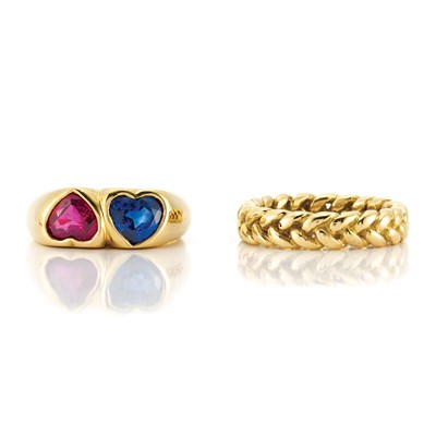 Lot 552 - Gold Band Ring, Tiffany & Co., and Gold, Ruby and Sapphire Ring, Bulgari