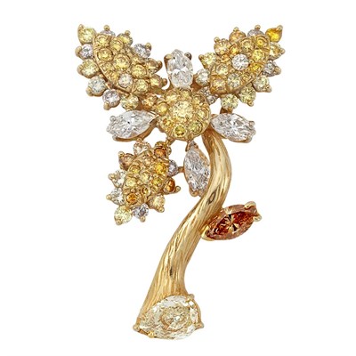 Lot 93 - Gold, Colored Diamond and Diamond Flower Brooch