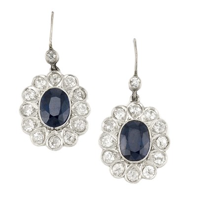 Lot 357 - Pair of Antique Platinum, Gold, Sapphire and Diamond Pendant-Earrings