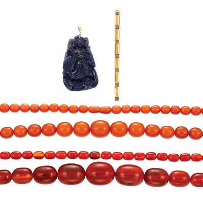 Lot 130 - Two Amber Bead Necklaces, Piece of Carved Lapis and Bar Pin